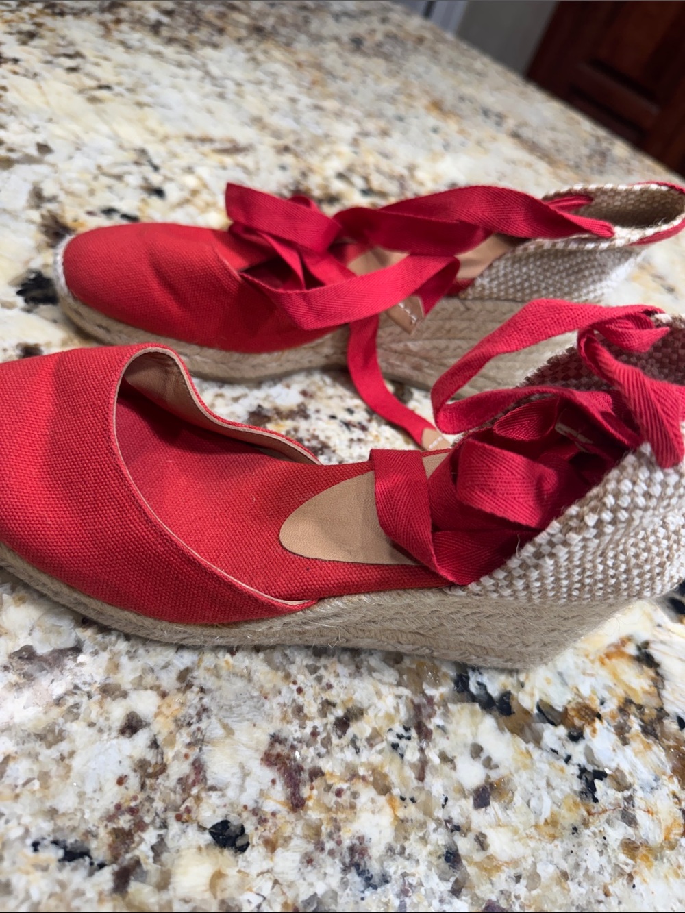 Red Canvas Espadrille Wedges with Tie-Ankle Ribbons